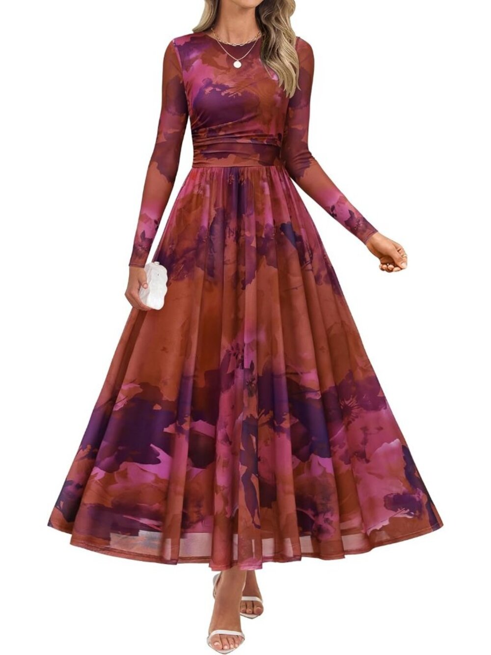 Women's Pink purple Crewneck Maxi Long Sleeve Slimming Cocktail Party Dresses